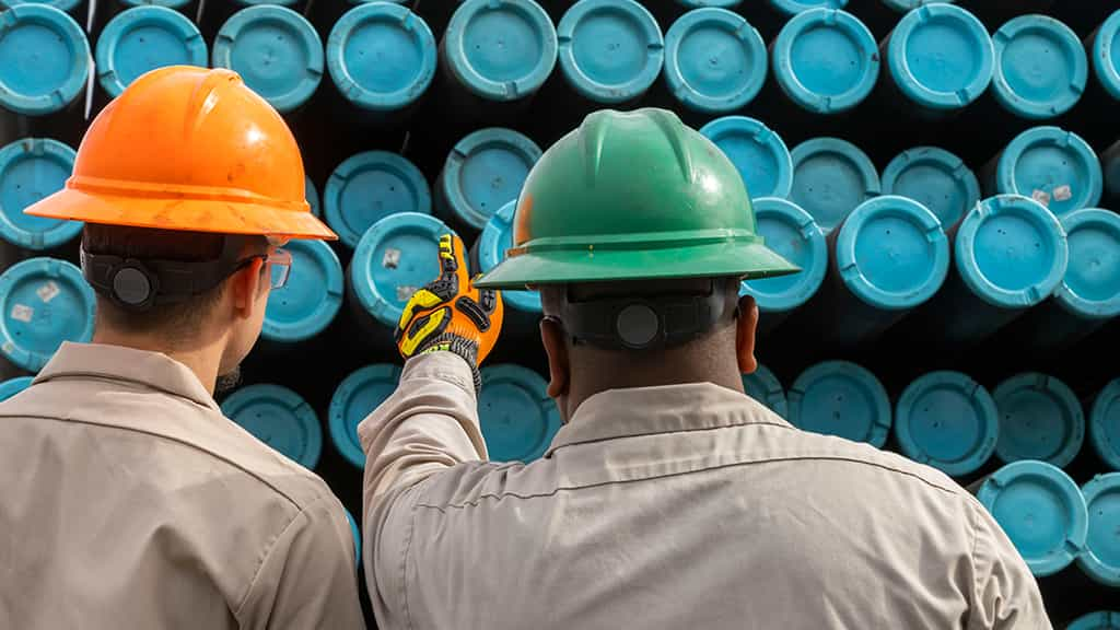 Two men in hard hats viewed from behind